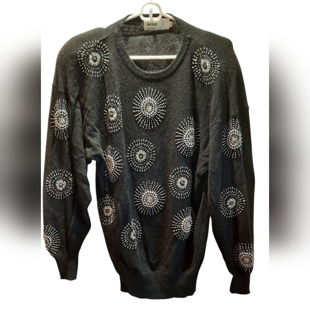 La Relle Sweater Womans Large Black Vintage Lambswool Angora Beaded Holiday